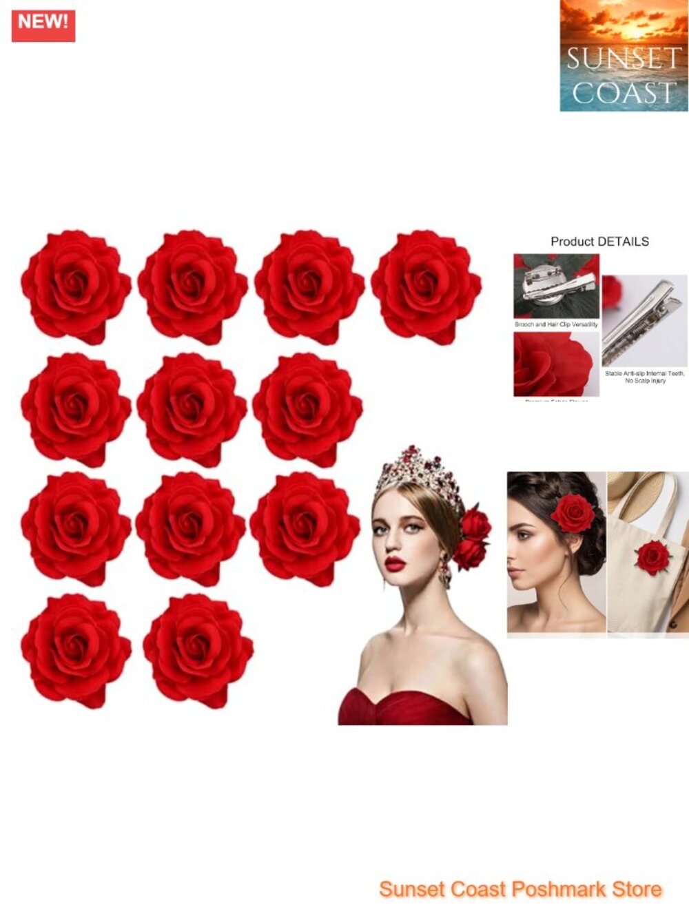 Fabric Rose Hair Clip & Brooch Set - Flamenco Party Wedding Hair Accessory